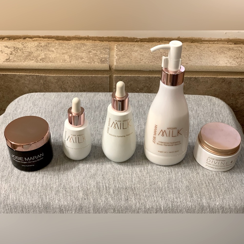 Josie Maran USED Set of 4 items. Milk for Face & Body and Face moisturizers.